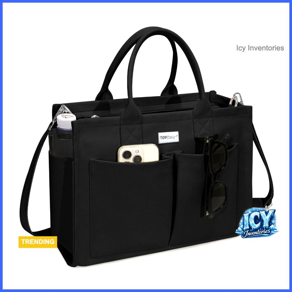 Heavy-Duty Canvas Tote Bag with 9 Pockets, Adjustable Crossbody Shoulder Handbag